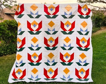 82”x82” Bed Size Unfinished Mod Blooms Quilt Top - Handmade Quilt - Modern Quilt