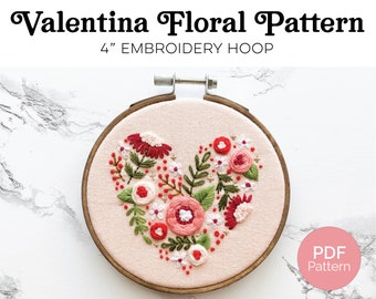 Valentina 4” Floral Heart Hand Embroidery PDF Download Pattern. Beginner Embroidery. 4" Hoop.