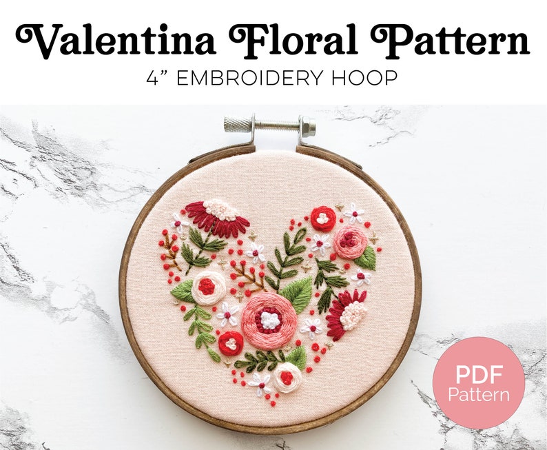 Valentina 4 Floral Heart Hand Embroidery PDF Download Pattern. Beginner Embroidery. 4 Hoop. image 1