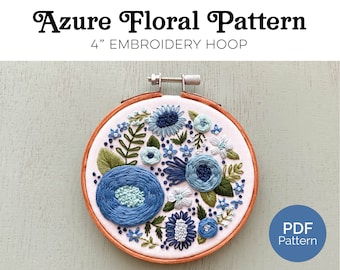 Azure 4” Floral Hand Embroidery PDF Download Pattern. Beginner Embroidery. 4" Hoop.