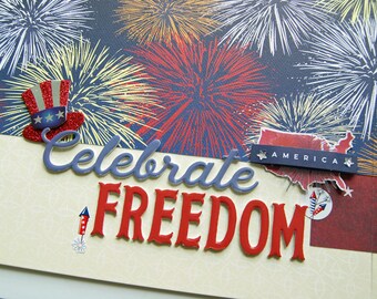 Premade 12x24 Double Scrapbook Page Layout called "Celebrate Freedom" 4th of July, American Pride, Stars and Stripes, Independence Day