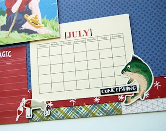 Premade Single Scrapbook Page 12x12 Layout called "Gone Fishing" July Trip, Learning to Fish, Catching the Big One, Out with Dad, Grandpa