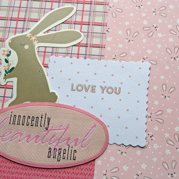 Premade Single 12x12 Scrapbook Page Layout called "Innocently Beautiful" Angelic, My Hunny Bunny, Love You Sweet, Easter Bunny Time Egg Hunt