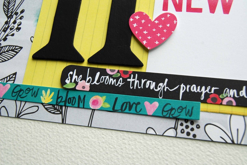Growing Up in His Love Our Girl Scrapbook Page Premade 12x12 Scrapbook Layout called H Brand New She Blooms Through Prayer and Love
