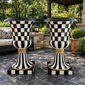 Hand-Painted Checkered 27" Urn Planter Pair with Gold Trim Decor
