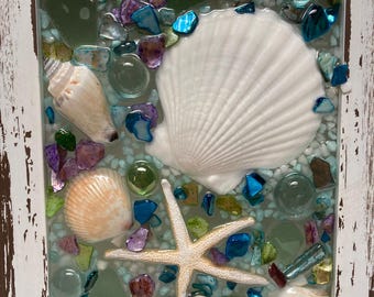 Teal and turquoise seashell medley, rustic ocean decor, sea glass art, sea glass accent framed art, beach decor, ocean decor, seashell art