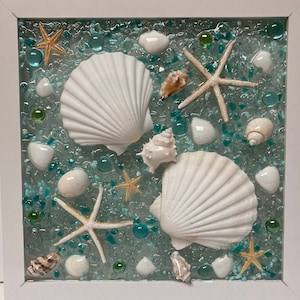 Seashell wall hanging, beach glass and seashell medley, wall hanging for beach, sea glass art, beach glass art, coastal window, resin art