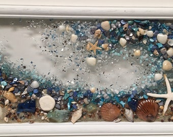 Resin wave window/beach window/wave art/resin wave wall hanging/beach wall art/beach glass art/seashell wave window/coastal art/ocean wave