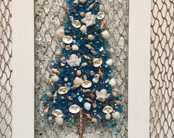 Blue beach glass Christmas tree, Christmas tree with angels, blue seashell Christmas tree, coastal Christmas tree, nautical Christmas tree