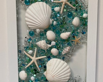 Aqua/Teal ocean glass art, beach transom art, transom window, ocean glass art, ocean seashell wall hanging, seashell window, beach art