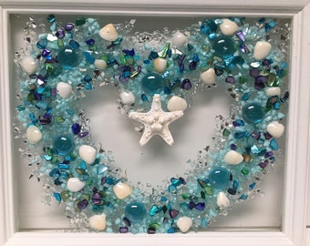 Turquoise sea glass heart, blue seashell heart of the ocean, seashell glass,  seashell heart window, resin heart, sea glass heart, beach art