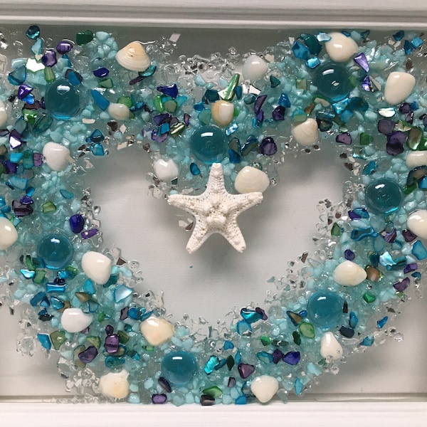 Turquoise sea glass heart, blue seashell heart of the ocean, seashell glass,  seashell heart window, resin heart, sea glass heart, beach art