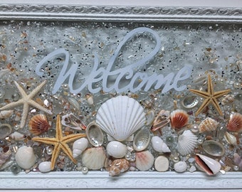 Ventana de bienvenida a la playa/arte en el espejo de popa/letrero de bienvenida a la playa/boda en la playa/arte enmarcado en vidrio triturado/arte con conchas marinas/ventana de bienvenida/ventana con conchas marinas