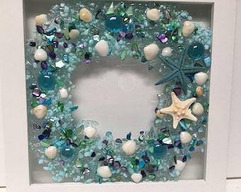 Seashell wreath, blue seashell decor, sea glass wreath, beach house decor, wreath wall art, blue coastal wreath, blue coastal decor, ocean