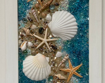 Seashell sandbar coastal sea glass art, ocean glass art, coastal window, transom decor, seashell window, ocean blue art, resin window