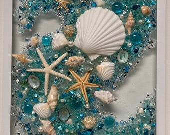 Teal Seashell beach resin window/turquoise seashell wall art/resin art/shell art for beach house/blue ocean art/resin wall art/starfish art