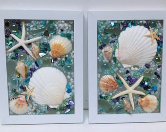 Teal seashell arrangement, seashell window, sea glass wall decor, seashell wall hanging, beach bathroom decor, coastal wall hanging, ocean