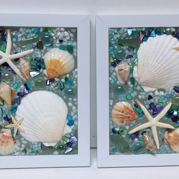 Teal seashell arrangement, seashell window, sea glass wall decor, seashell wall hanging, beach bathroom decor, coastal wall hanging, ocean