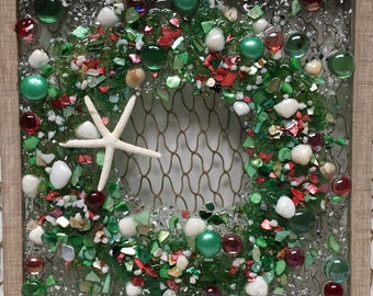 Christmas seashell wreath, classic Christmas wreath, red/green seashell wreath, holiday wreath decor, seashell Christmas decor, holiday