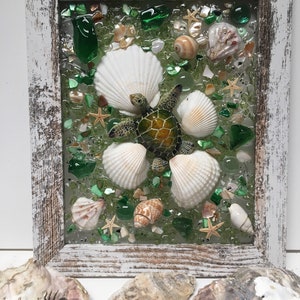 Puede incluir: Una pieza de arte de resina enmarcada con un mosaico de conchas marinas y vidrio de mar verde, blanco y marr&oacute;n. Una peque&ntilde;a figura de tortuga verde se encuentra en el centro del mosaico.