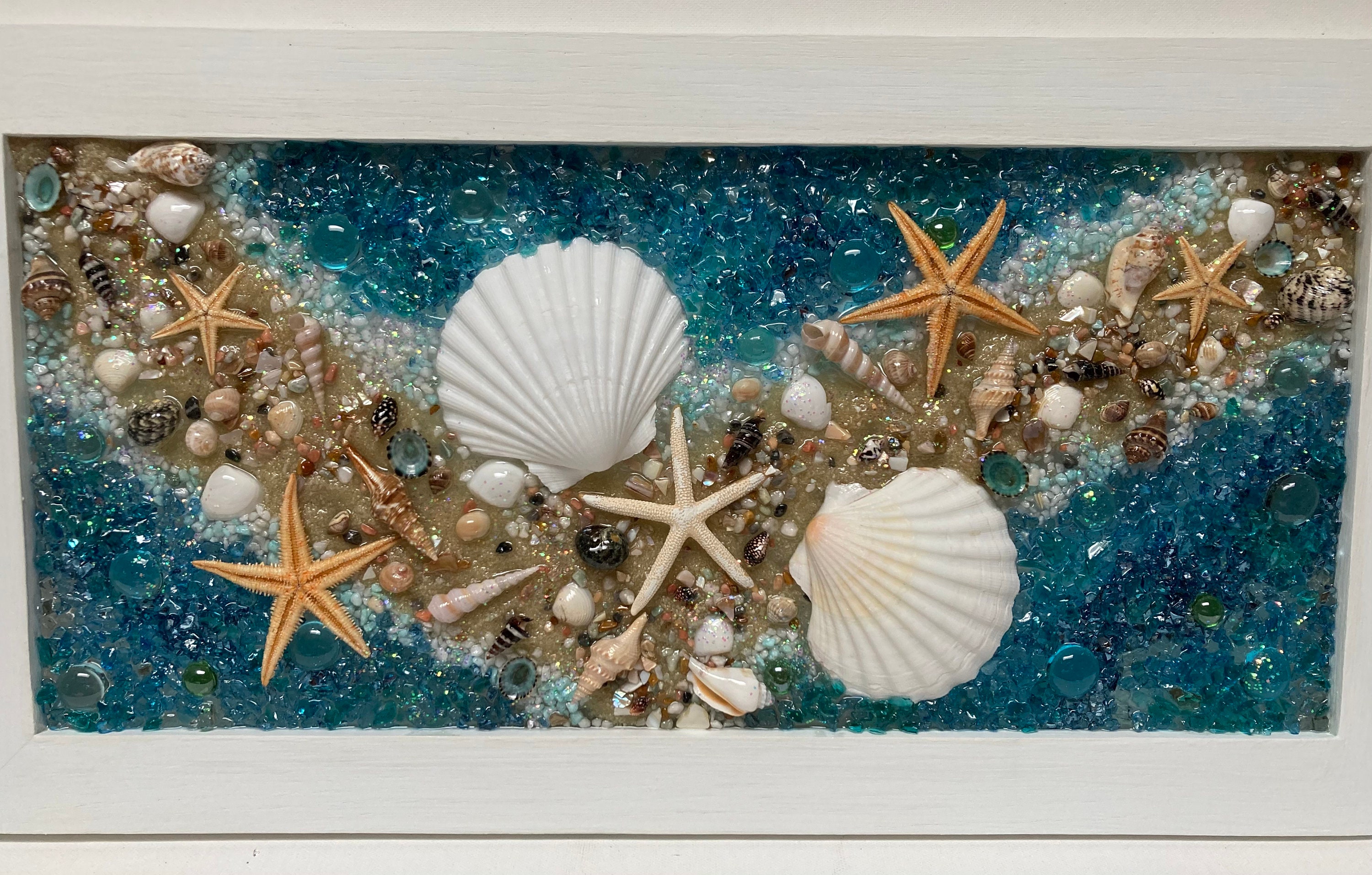 Seashell Sandbar Coastal Sea Glass Art, Ocean Glass Art, Coastal Window ...