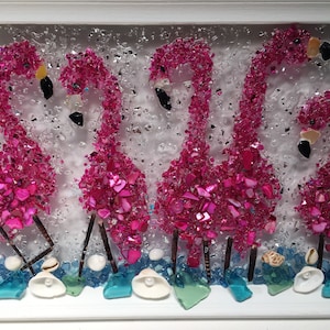 Pink flamingo art, pink flamingo sea glass decor, flamingo glass window, flamingo tropical art, resin flamingo window, flamingo beach decor