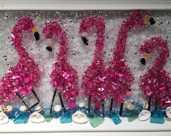 Arte de flamenco rosa, decoración de vidrio marino de flamenco rosa, ventana de vidrio de flamenco, arte tropical de flamenco, ventana de flamenco de resina, decoración de playa de flamenco