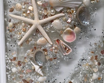 White Seashell & Crystal Wall Hanging for Beach, Ocean Seashell
