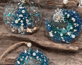Ocean blue ornament set, coastal ornament, christmas ornament, sea glass ornament, resin ornament, beach glass ornament, coastal gift