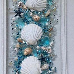 Seashell art for beach home, beach decor, resin art, resin seashell window, beach house decor, seaglass art, seashell arrangement decor