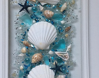 Seashell art for beach home, beach decor, resin art, resin seashell window, beach house decor, seaglass art, seashell arrangement decor