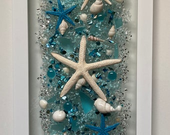Starfish beach coastal wall decor, transom window, seashell window, starfish art, ocean glass art, beach wall hanging, sea glass art,