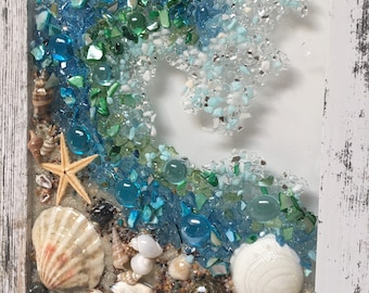 Ocean wave art/rustic beach wall hanging/wave art/resin wave window/beach glass wave/ocean wave window/crashing wave window/Seaglass art/