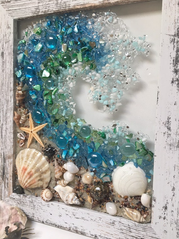 Blue Sea Turtle & Crushed Glass Wave , 8 X 10 Distressed White or White  Frame , Crushed Glass Art, Resin, Beach Wall Art Decor, Suncatcher 