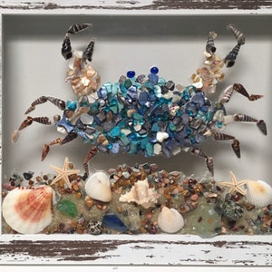 Blue crab, seashell blue crab, coastal crab window, resin window, seaglass decor, seashell resin art, coastal wall decor, crab art