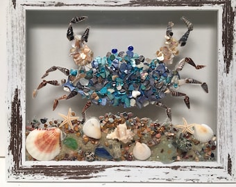Blue crab, seashell blue crab, coastal crab window, resin window, seaglass decor, seashell resin art, coastal wall decor, crab art