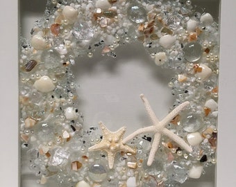 White crystal sea glass wreath, seashell wreath, ocean glass wreath, wedding gift, seashell wedding wreath, anniversary gift, beach wedding