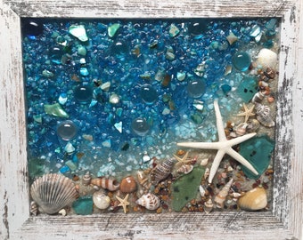 Coastline seascape, seascape window, beach glass art, sea glass art, coastal shells &sea glass window, nautical decor, coastal decor, beach