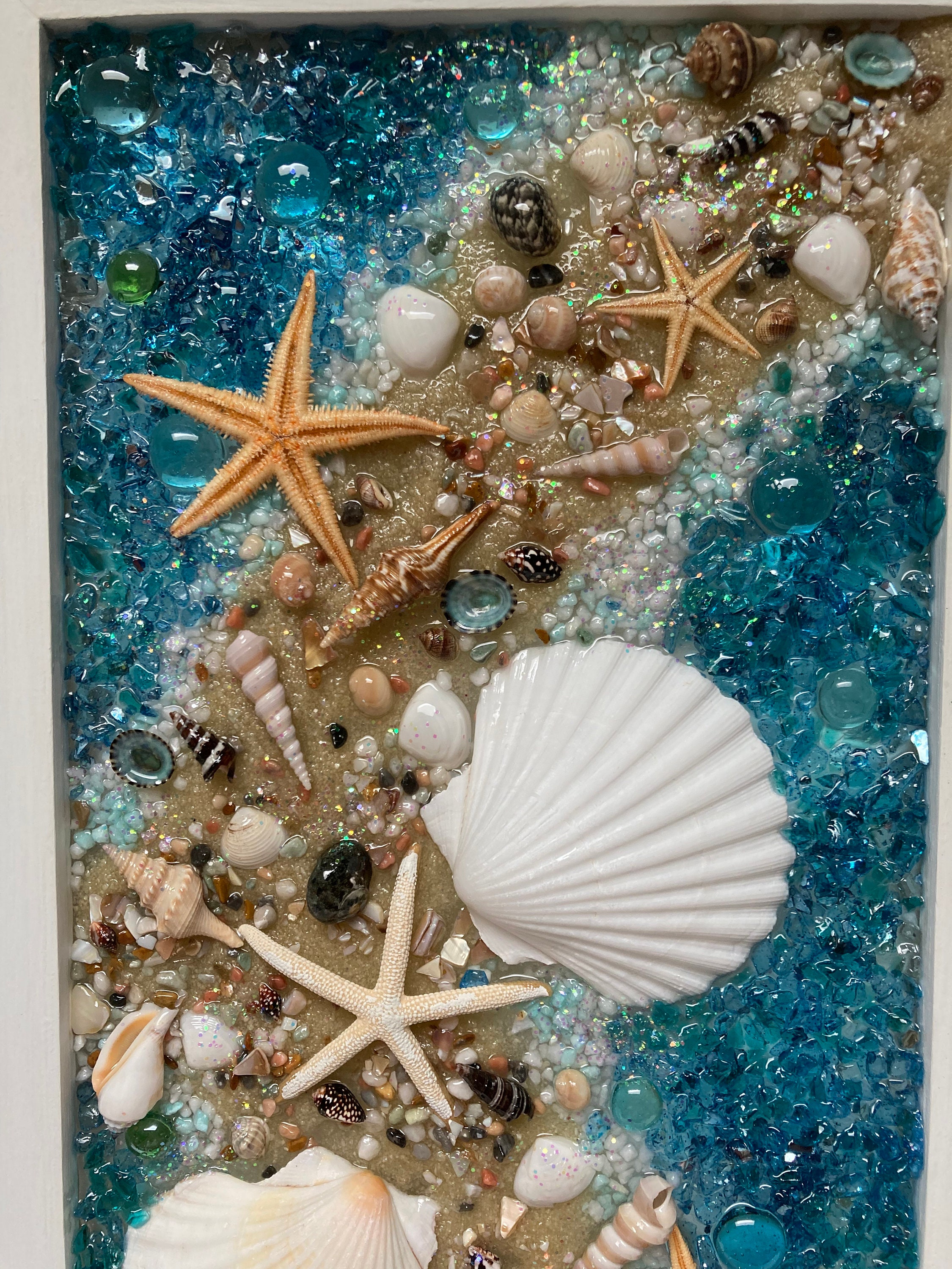 宝物♡Sea glass art Seashell Sandbar Coastal Sea Glass Art, Ocean Glass Art