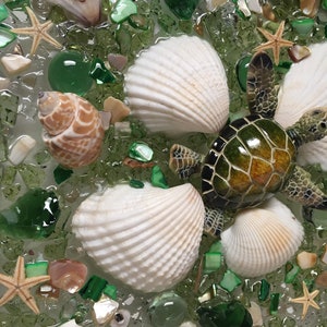 Puede incluir: Una pieza de arte de resina con una tortuga marina verde, conchas marinas y piezas de vidrio verde. La tortuga est&aacute; en el centro de la pieza y est&aacute; rodeada de conchas marinas y piezas de vidrio.
