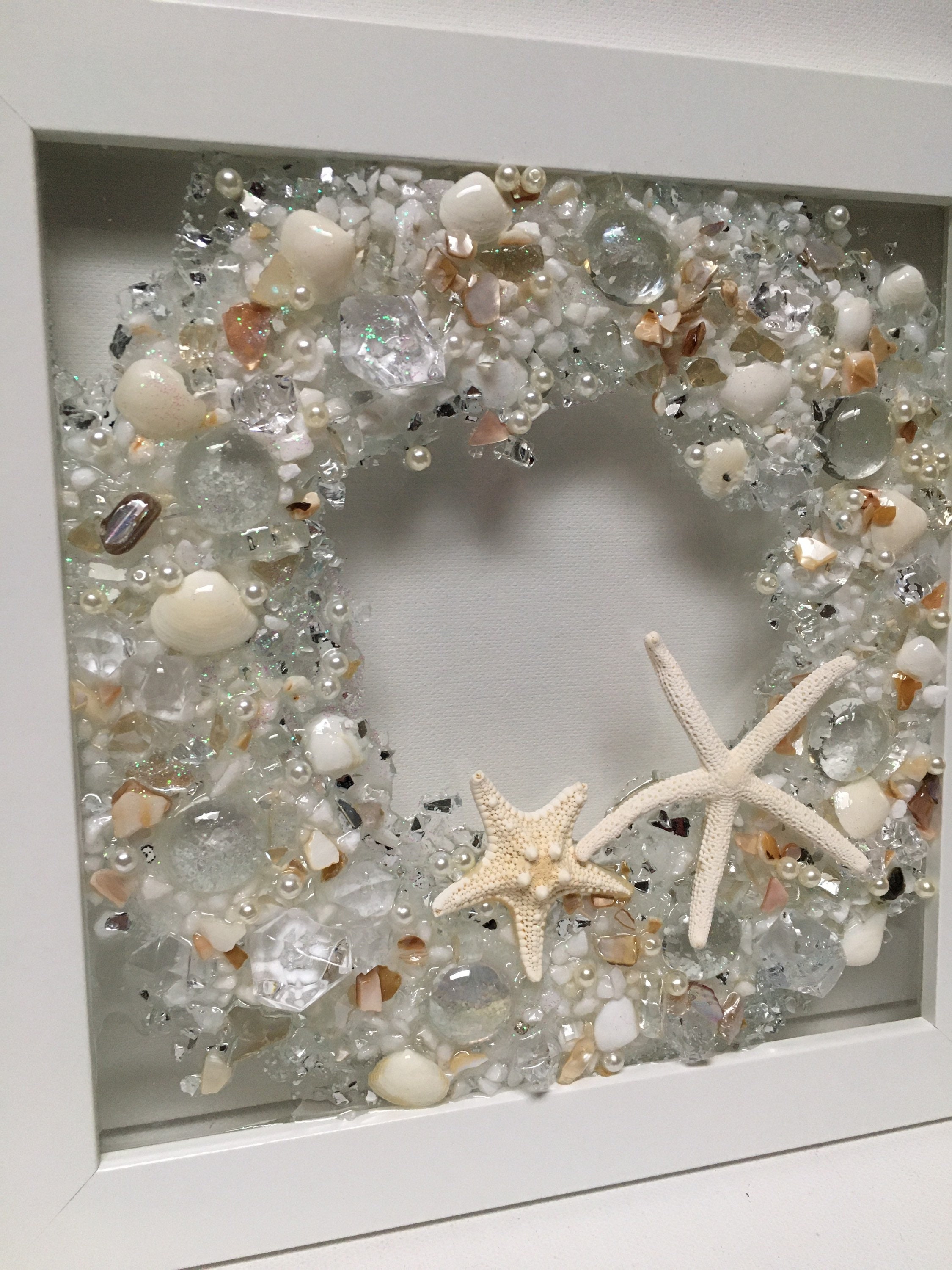 White Crystal Sea Glass Wreath, Seashell Wreath, Ocean Glass