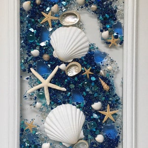 Ocean blue wall art/ocean seashell window/seashell decor/beach glass wall art/coastal decor/seashell art for wall/blue ocean decor/transom