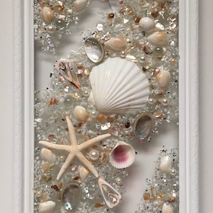 White seashell & crystal wall hanging for beach/ocean seashell window/seashell art/coastal resin window/resin glass art/ocean art