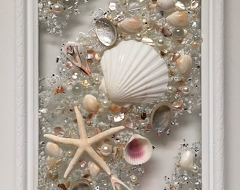 White seashell & crystal wall hanging for beach/ocean seashell window/seashell art/coastal resin window/resin glass art/ocean art