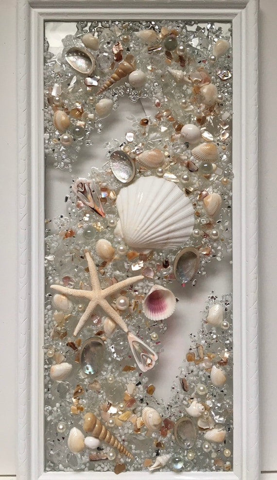 White Seashell & Crystal Wall Hanging for Beach/ocean Seashell Window/ seashell Art/coastal Resin Window/resin Glass Art/ocean Art 
