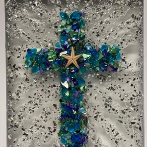Coastal sea glass cross/resin wall cross/Christian decor/religious home decor/seashell cross/wall cross/crushed glass cross/inspirational