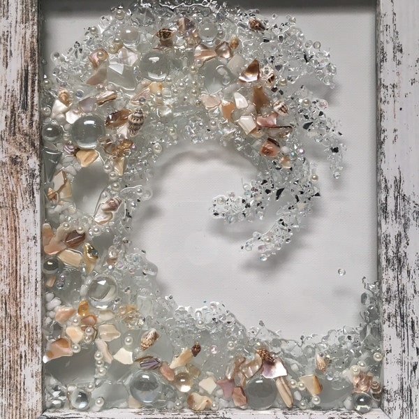 Crystal ocean wave window/rustic beach wall hanging/resin wave window/white ocean sea glass wave/beach wedding gift/sea glass wave window