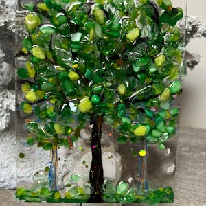 Green Spring trees, Spring trees nightlight, green nightlight, green crushed glass nightlight, handcrafted nightlight, hand painted nature