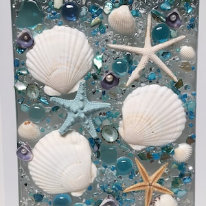 Seashell and sea glass arrangement, seashell wall hanging, sea glass art, beach decor for bathroom, seashell resin window, ocean art decor