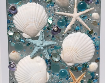 Seashell and sea glass arrangement, seashell wall hanging, sea glass art, beach decor for bathroom, seashell resin window, ocean art decor